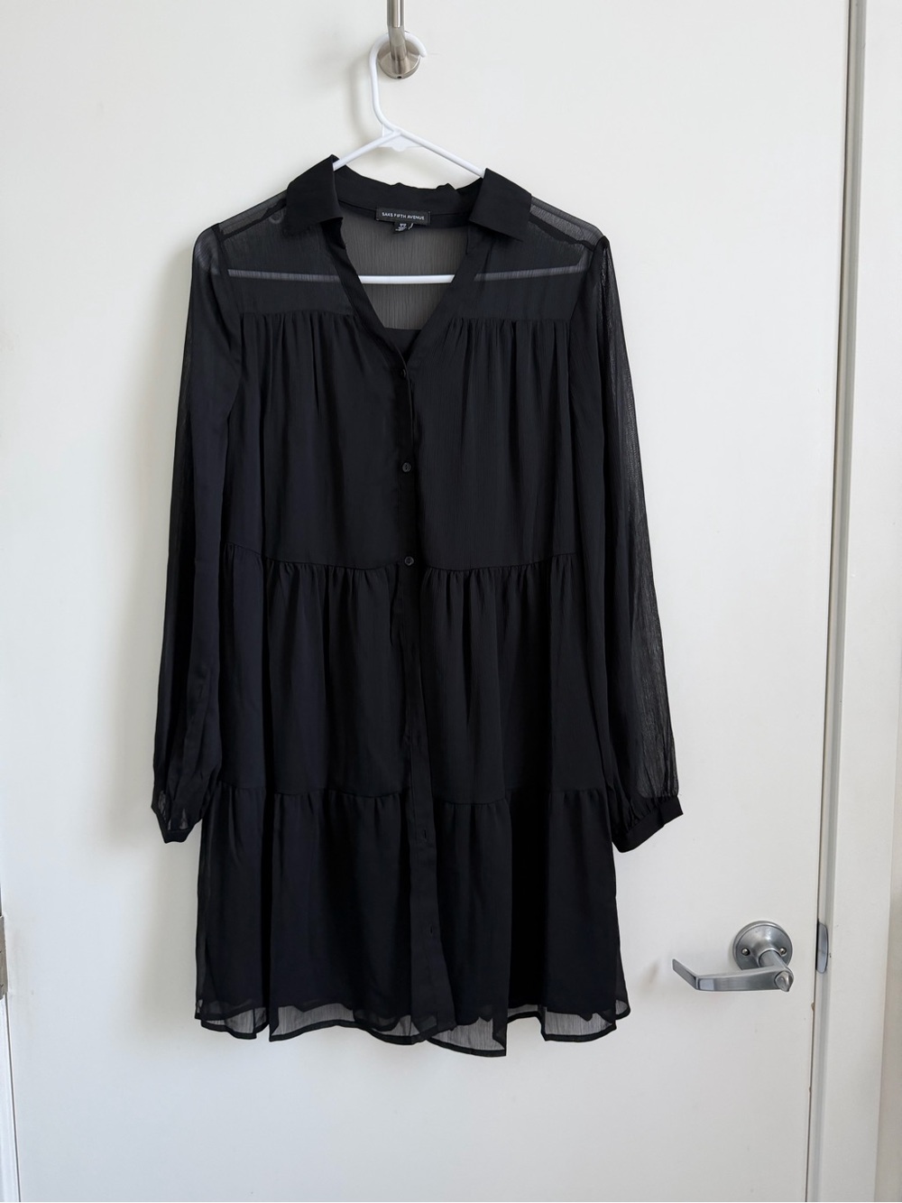 Saks Fifth Avenue Black Sheer Tiered Button Dress